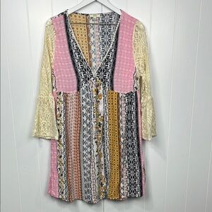 Kori America Womens Tunic L Pink Black Gold Boho Fit & Flare Lace Bell Sleeves